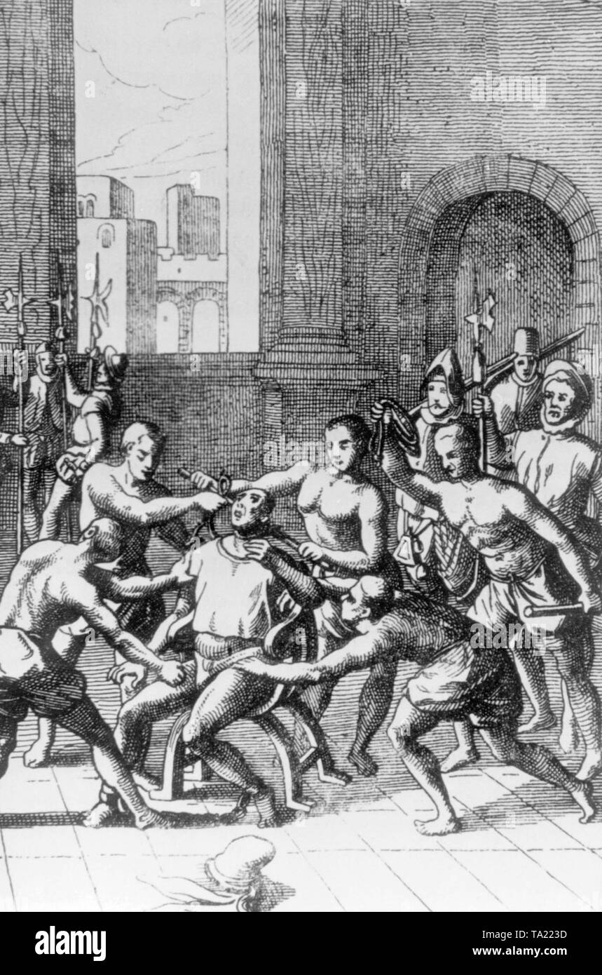 L'assassinat du souverain Inca Atahualpa par les sbires de le conquistador espagnol Pizarro. Banque D'Images