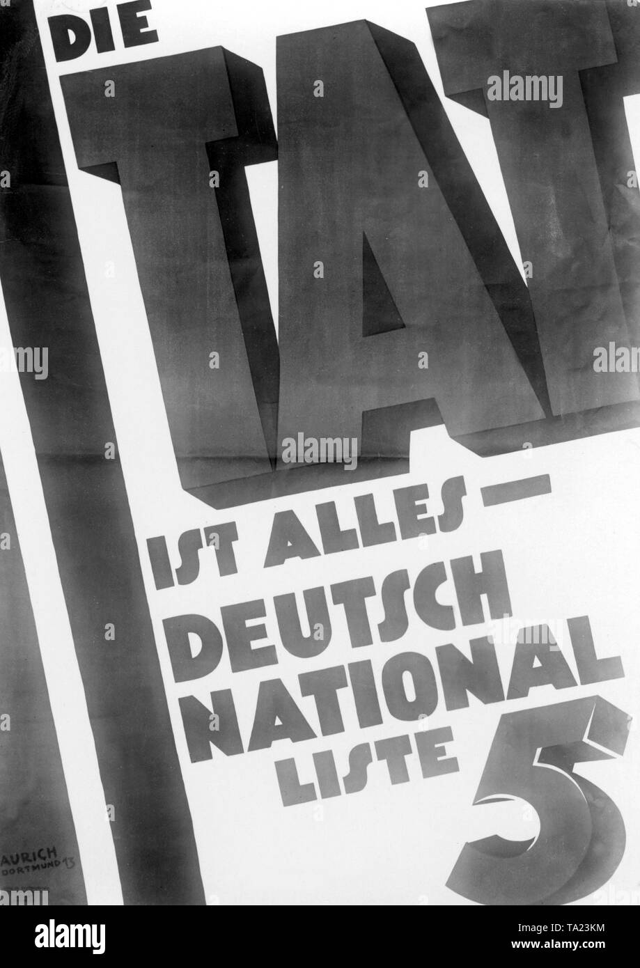 Affiche électorale DNVP pour l'élection du Reichstag. Les toiles avec le DNVP 'est à l'action nationale allemande tous, liste 5'. Banque D'Images