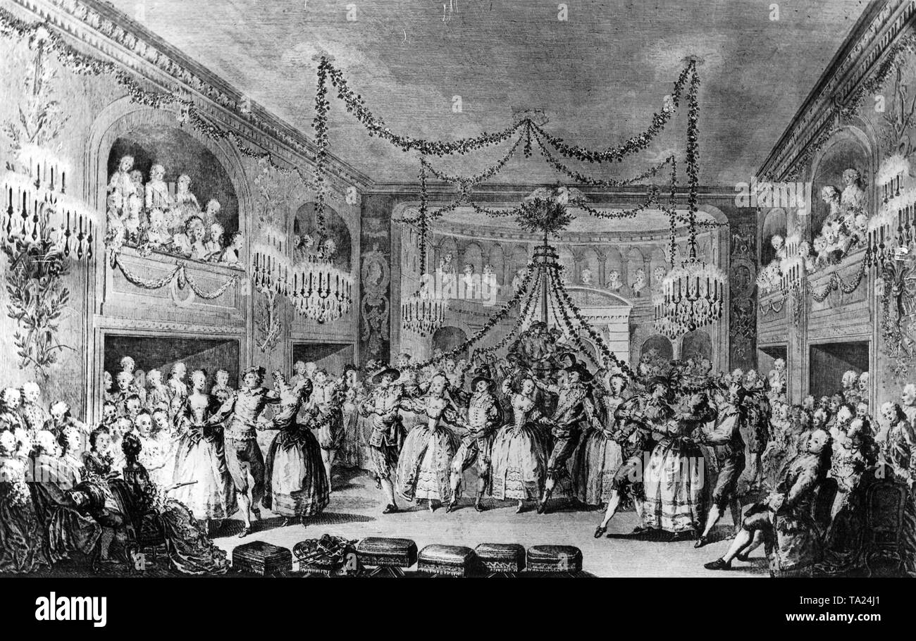 La célébration de mai 1763 terminé le carnaval de l'année dans le grand hall de l'état du Palais de Versailles. Il a été organisé par Monsieur De Laferte, contrôleur des festivités (Menus Plaisirs) et les affaires privées du roi Louis XV. Banque D'Images