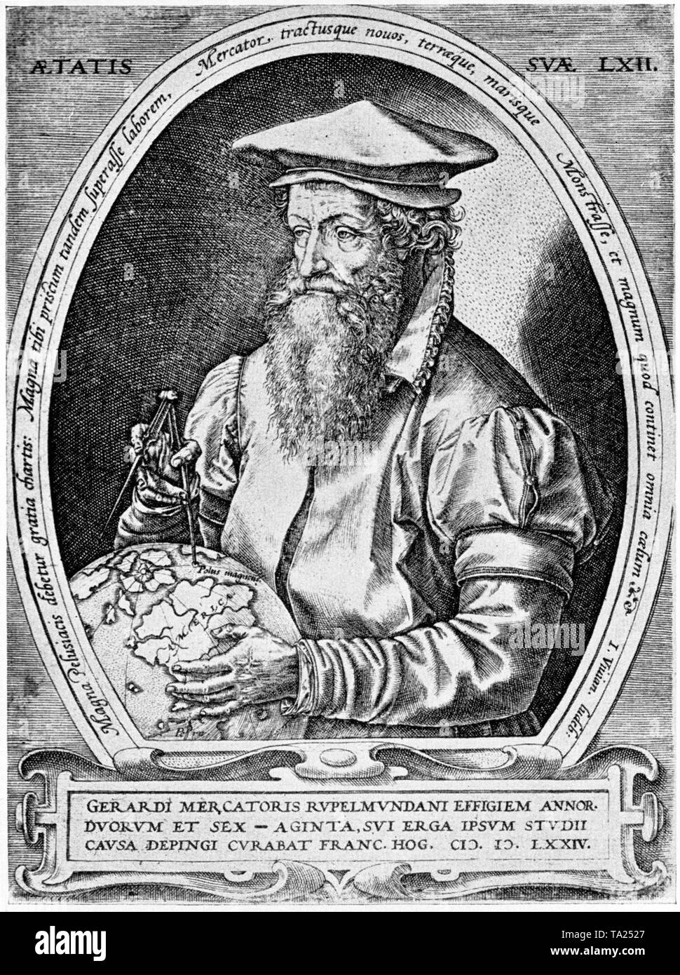 Gerhard Kremer (Mercator), mathématicien et géographe allemand qui a créé le premier Atlas et la projection Mercator (gravure sur cuivre par Hendrik Goltzius 1574). Banque D'Images