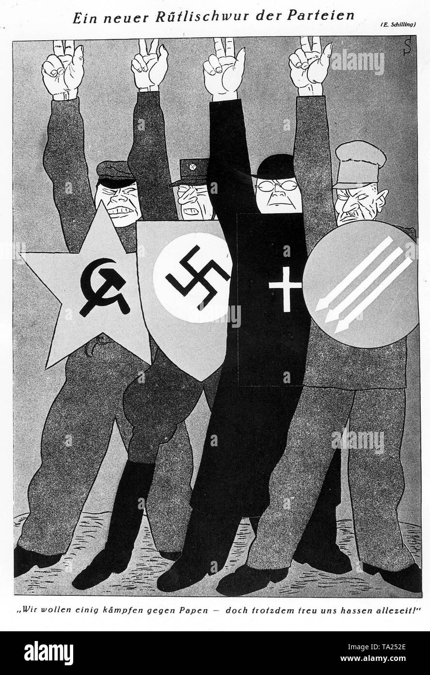 Dans la caricature de E. Schilling, les parties KPD, Centre, NSDAP et le SPD sont indiqués un serment (Ruetlischwur Ruetli serment). "Nous voulons combattre Papen ensemble - mais nous aurons encore détestent !'. Les parties n'ont été unis dans la lutte contre le chancelier Franz von Papen. Banque D'Images