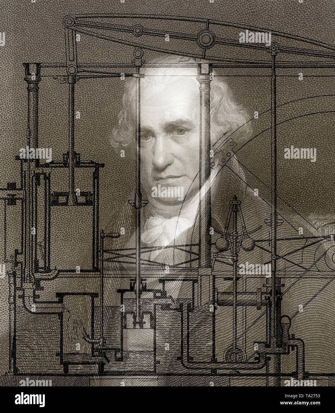 Moteur thermique à piston Par James Watt, 1736 - 1819, l'inventeur écossais de la machine à vapeur Banque D'Images