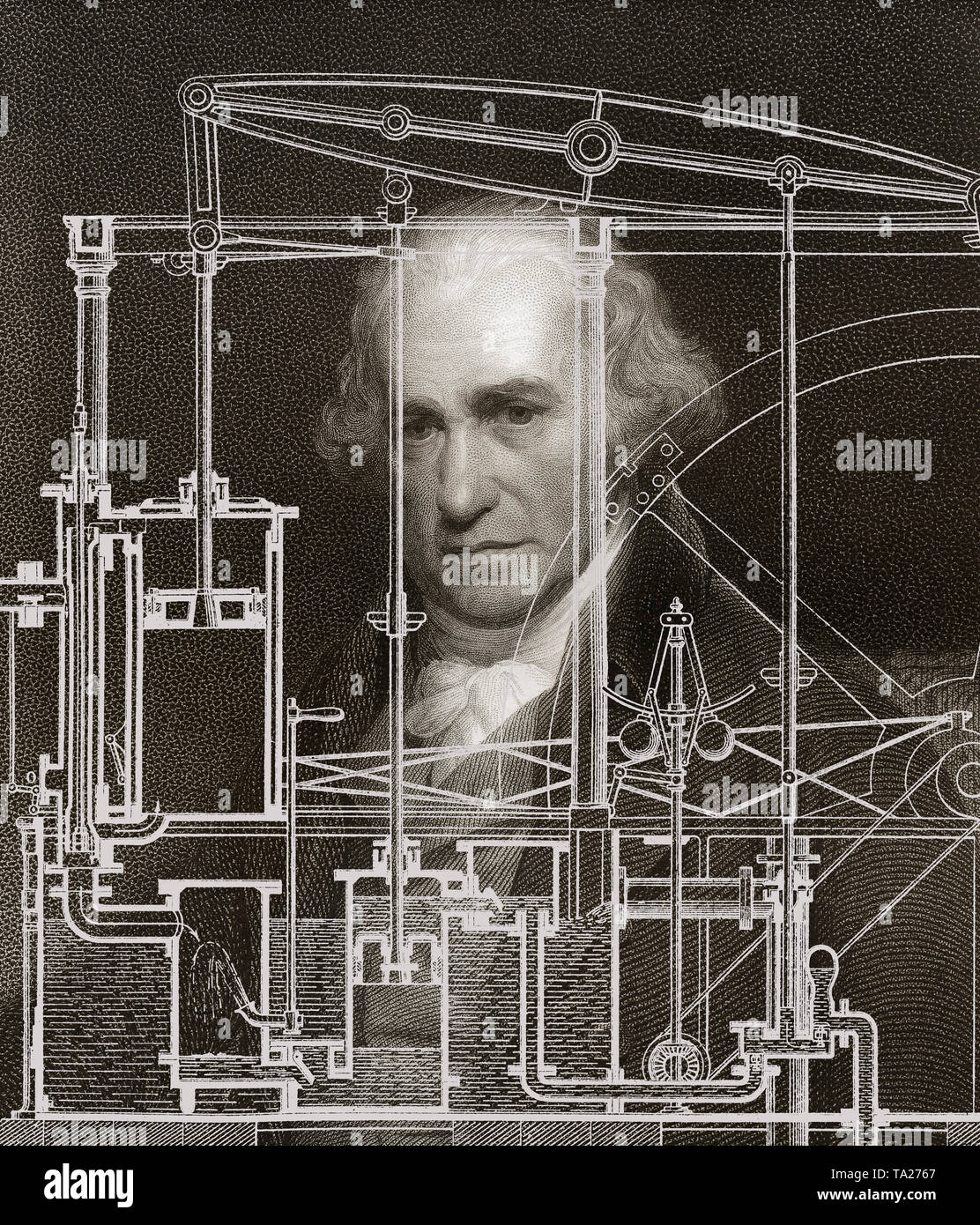Moteur thermique à piston Par James Watt, 1736 - 1819, l'inventeur écossais de la machine à vapeur Banque D'Images