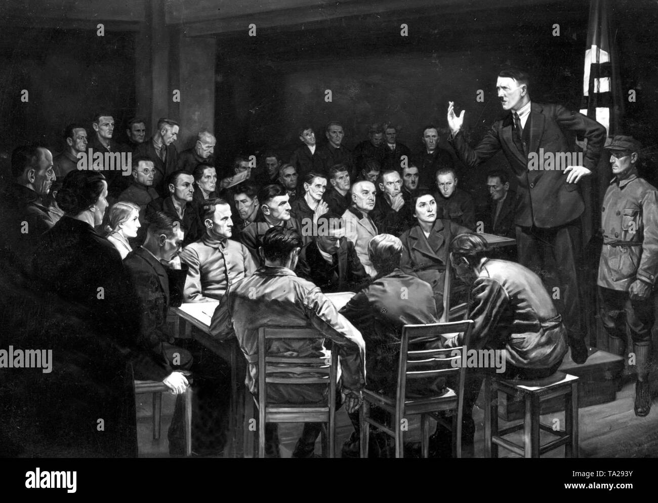 Hitler apparaît dans une cave à bière de Munich en tant qu'un orateur pour le NSDAP encore petit (d'après une peinture faite après 1933). L'heure de l'événement est avant son coup sur 09.11.1923. Banque D'Images