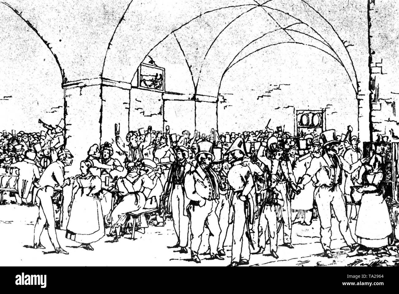 Scène de la cave à bière de Munich (Bockkeller) en 1830. Lithographie. Banque D'Images