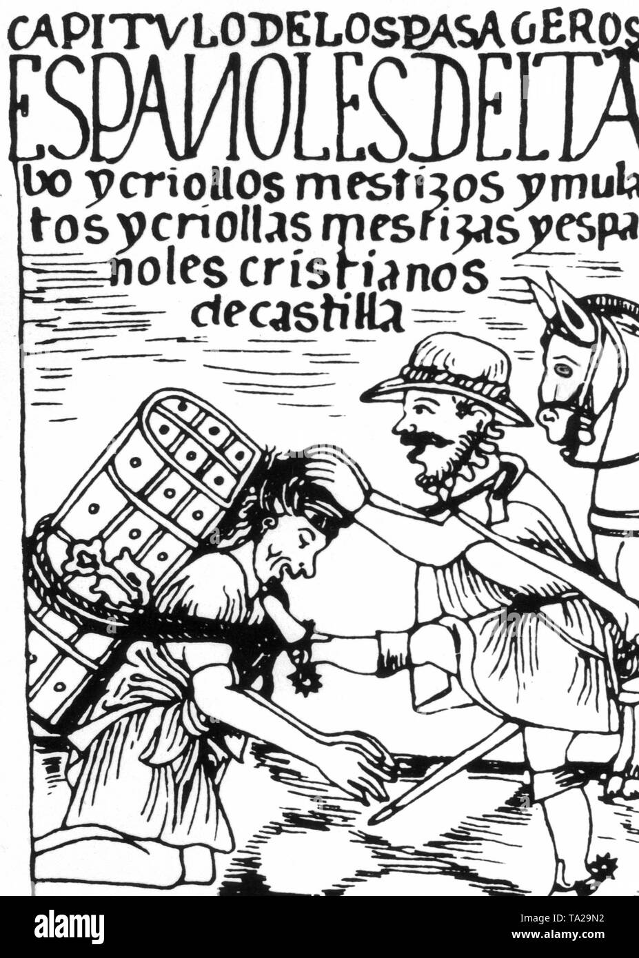 Les conquistadors menés par l'espagnol Gonzalo Pizarro a agi avec une violence débridée contre les peuples indiens. L'Inca dessin montre le mauvais traitement d'un serviteur indien espagnol par son Seigneur. Banque D'Images
