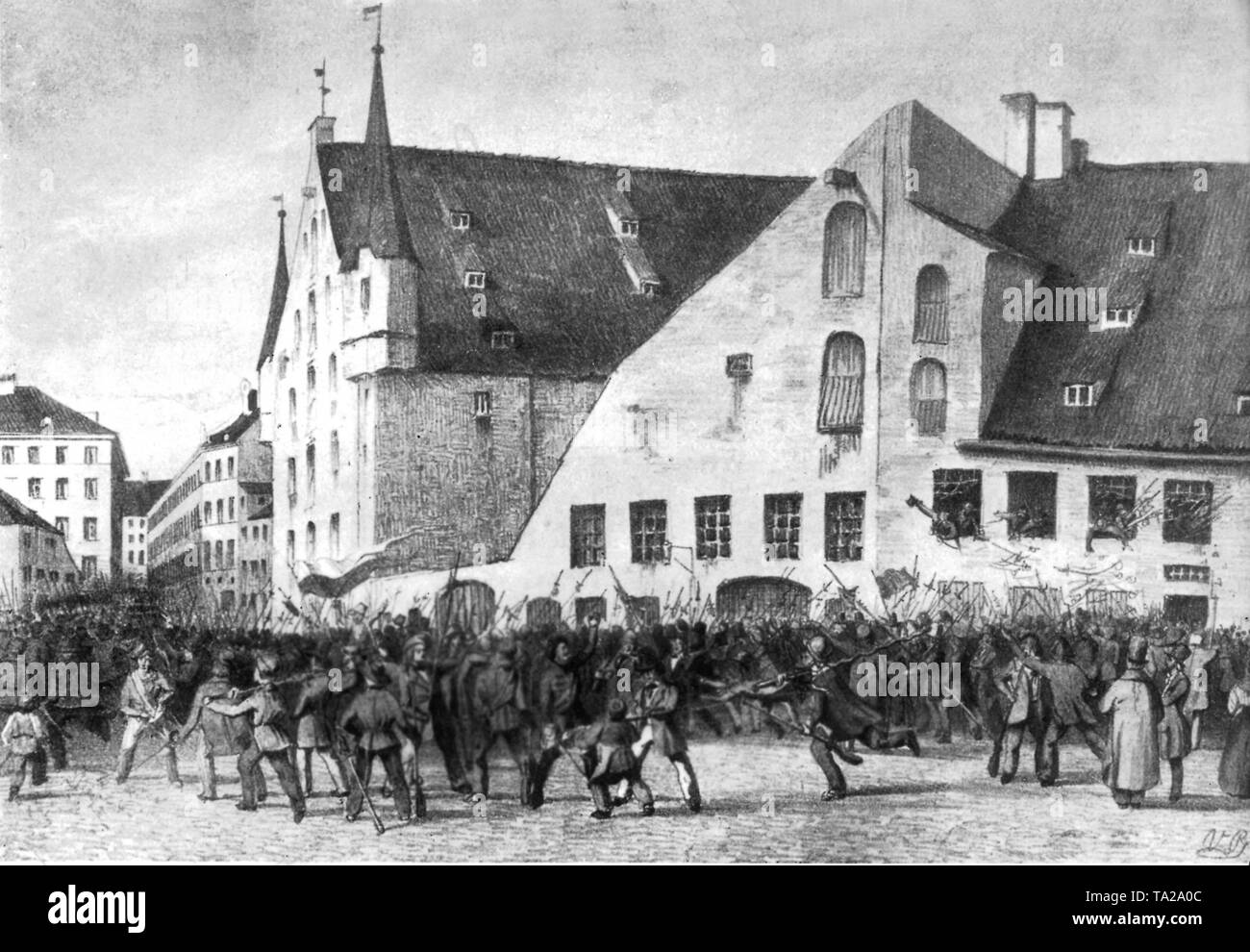 La révolution de mars à Munich de 1848 a conduit à l'enlèvement du roi Ludwig I le 20 mars 1848. La pierre dessin montre l'assaut du Zeughaus à l'Jacobsplatz à Munich, où les Stadmuseum est installé. Banque D'Images
