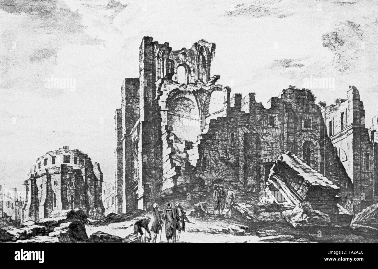 Une gravure contemporaine qui montre les vestiges de l'imposante cathédrale de Lisbonne. Des centaines de résidents de la capitale portugaise ont été tués ici lorsque le bâtiment a été touché par plusieurs tremblements de terre. Banque D'Images