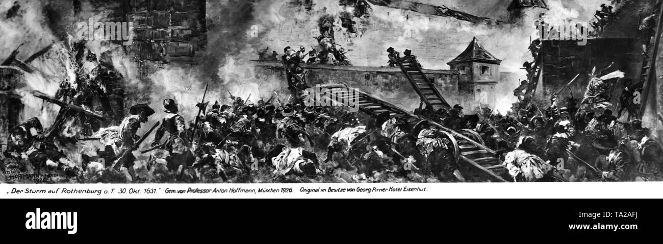 Carte postale de la peinture par le professeur Anton Hoffmann nommé 'Der Sturm auf Rothenburg o.T. 30. L'OKT. 1631" (l'invasion de Rothenburg sur 30. Oct 1631) à partir de l'année 1926. L'original est administré par Georg Pirner Hotel Eisenhut. Banque D'Images