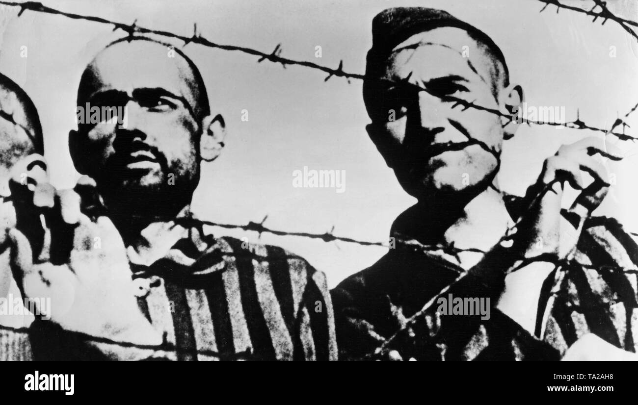 Photo non datée de deux détenus des camps de concentration derrière une barrière de barbelé. Banque D'Images