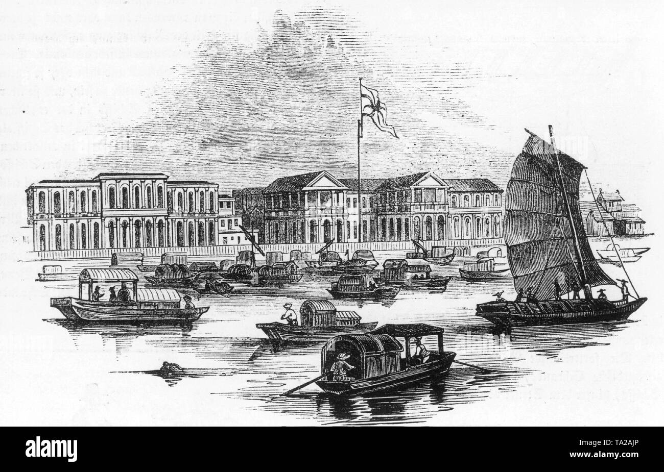 La station traite Anglais Chinois dans le canton. Le dessin a été fait en 1843 après la défaite de la Chine dans la guerre de l'Opium (1840-1842) contre l'Angleterre. Banque D'Images