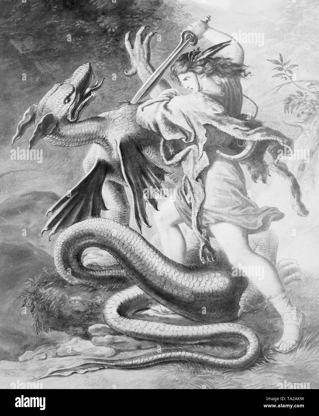La figure mythique germanique Siegfried terrassant le dragon. Banque D'Images