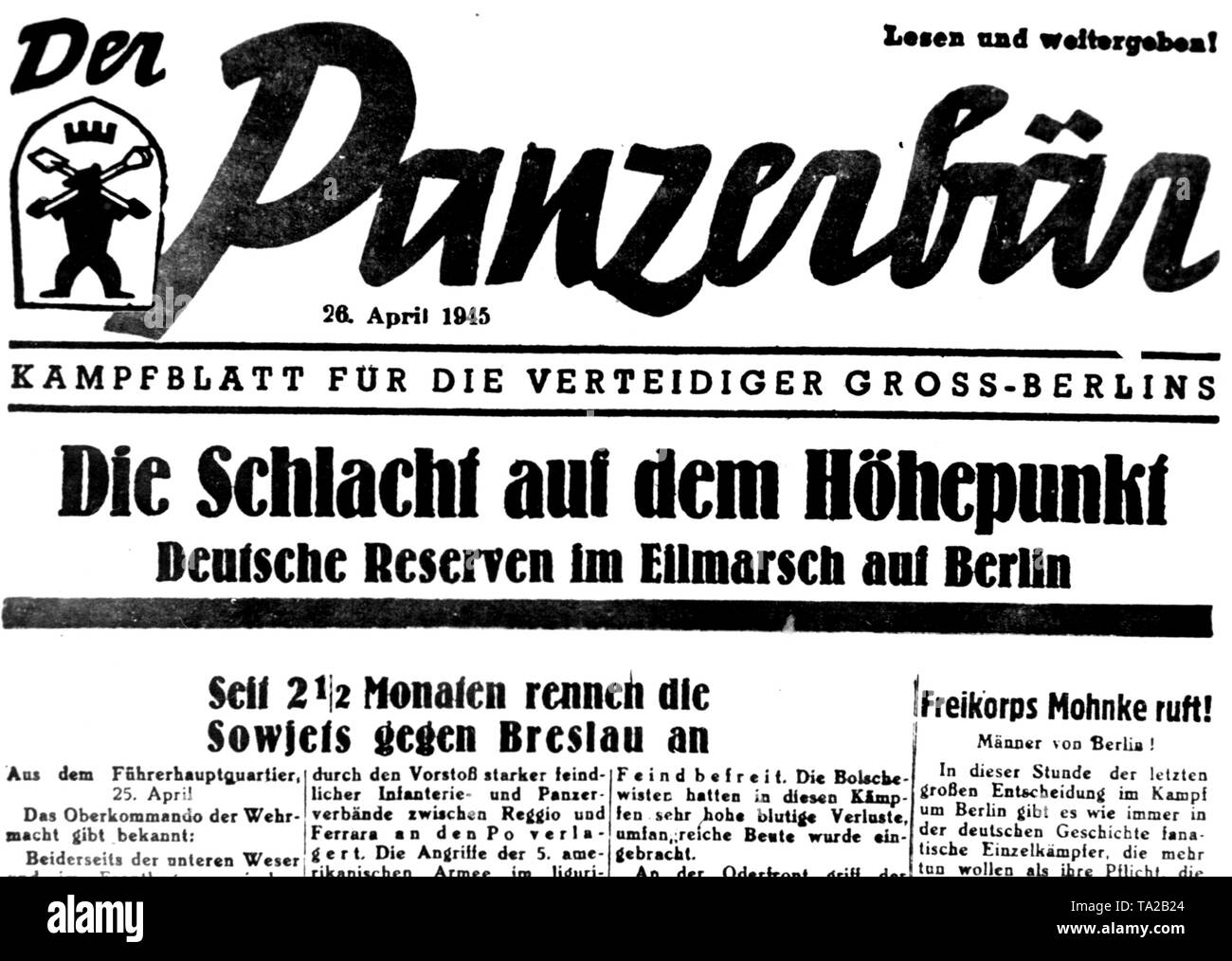 La dernière écriture de propagande du 26 avril 1945, publiée sous le titre 'Der Panzerbaer - Kampfblatt fuer die Verteidiger Gross-Berlins'. Banque D'Images