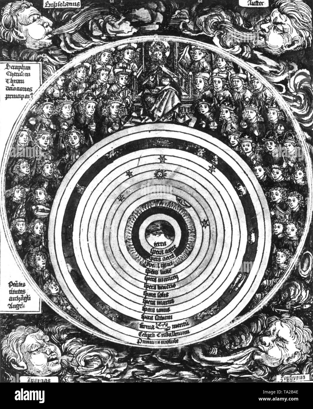 Le système du monde de Ptolémée (astronome antique autour de 150 AD.) La terre s'est reposé dans le centre de l'univers avec les planètes tournant autour d'elle, avec le soleil au milieu. Après une gravure du livre des chroniques de Hartmann Schedel, Nuremberg 1493 Banque D'Images