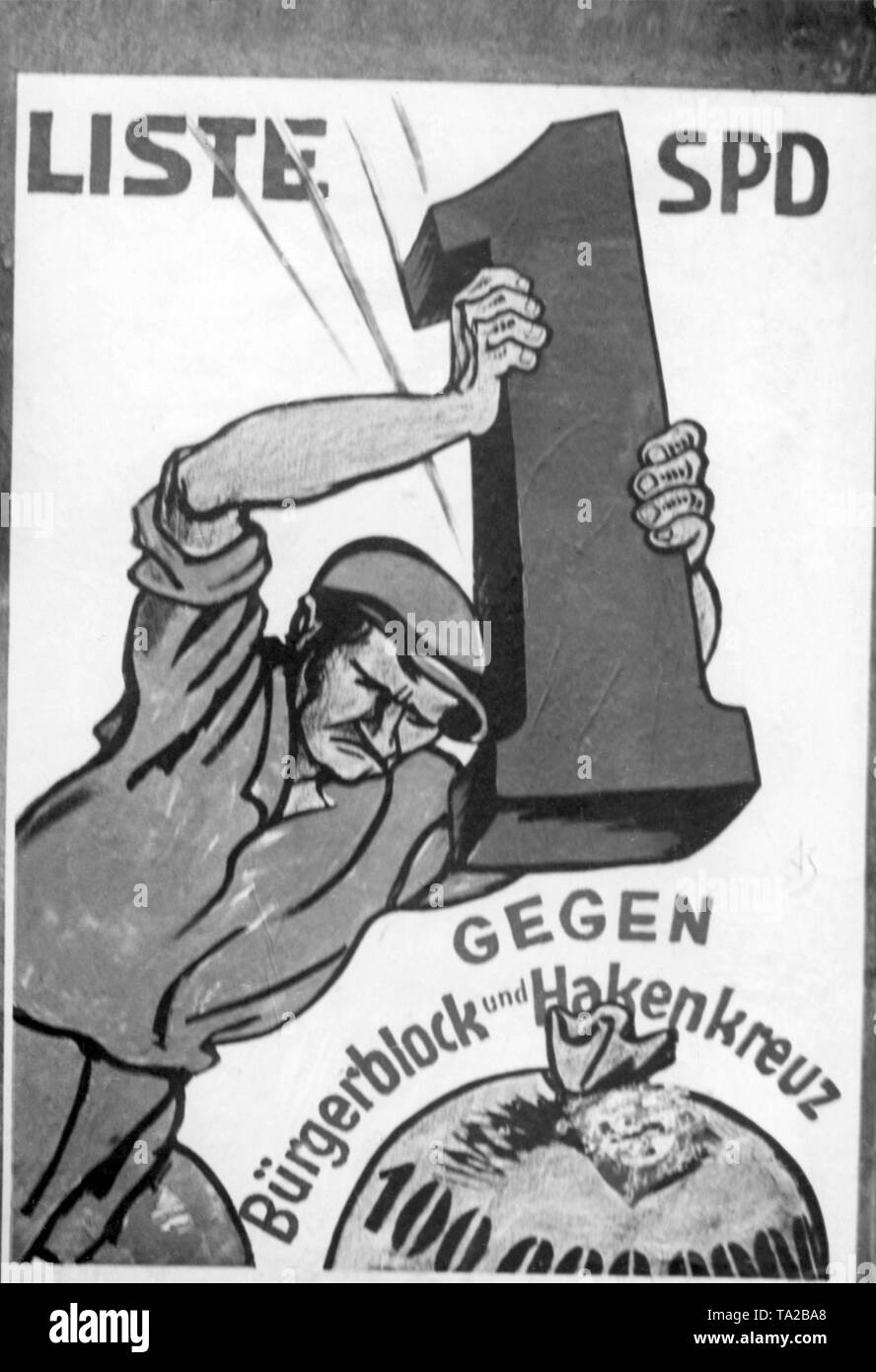 Affiche électorale du SPD, le plus grand groupe politique sur la liste 1 des élections du Reichstag de 1930. Elle fait campagne comme suit. « Beurgerblock contre le parti conservateur (Alliance) et la croix gammée". Banque D'Images