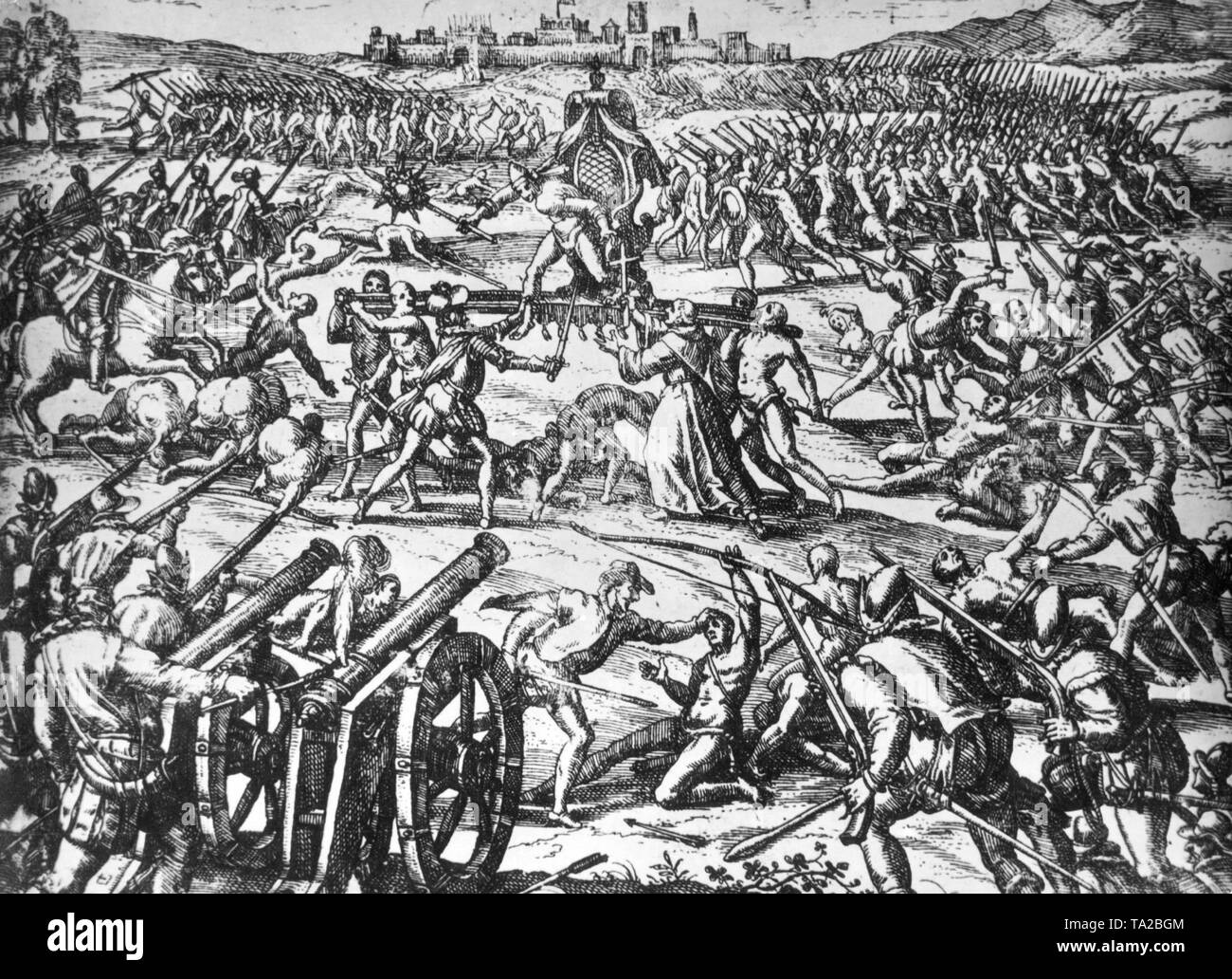 Le livre contemporain illustration montre la capture de l'Inca Atahualpa règle par le conquistador espagnol Pizarro. Au cours de la bataille perdue presque Pizarro d'assaut avec quelques hommes les états des troupes de l'Inca, remis la litière du roi et capturé Atahualpa. Banque D'Images