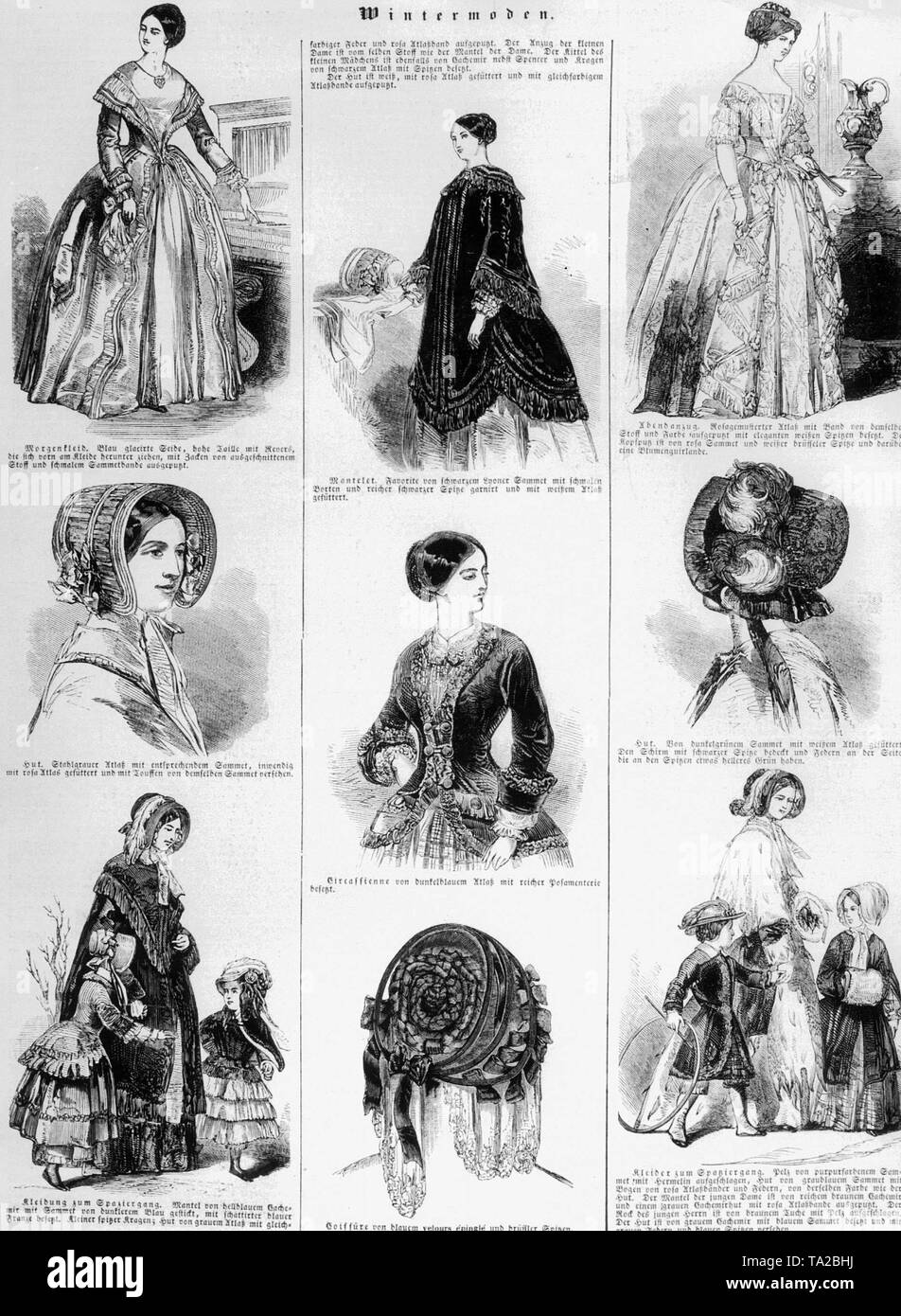 La mode d'hiver pour les femmes dans la période Biedermeier : la mode illustrée page d'un magazine allemand de l'année 1848. Banque D'Images