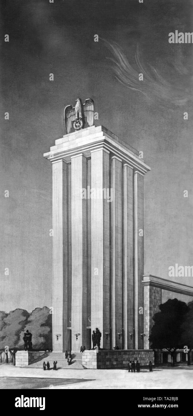 Dessin de conception de la Deutsche Haus à l'Exposition mondiale à Paris en 1937. Dans le coin inférieur droit, la signature d'Albert Speer. Banque D'Images