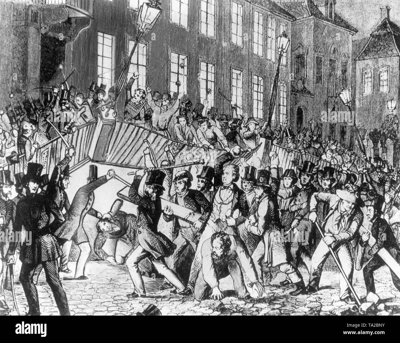 Batailles de rue à Berlin pendant la révolution de mars. Le dessin montre la foule en colère que d'assaut le palais du Premier ministre prussien von Auerswald dans la Wilhelmstrasse, pour protester contre les mesures gouvernementales. Banque D'Images