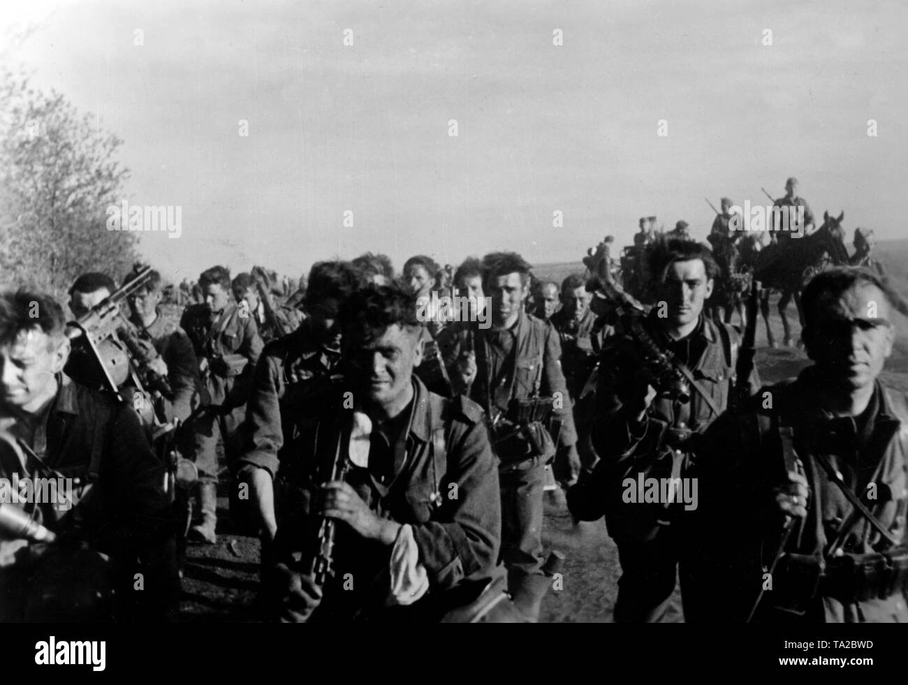 Les fantassins allemands, armés de mousqueton, 98 mars sur le Donets avant vers Stalingrad. Un soldat porte une mitrailleuse 34 par dessus son épaule. Dans l'arrière-plan des soldats à cheval. Correspondant de guerre : Banque D'Images