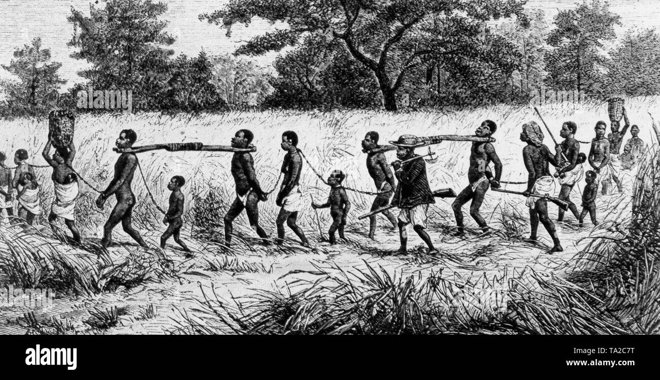 Illustration contemporaine depuis le milieu du 19e siècle montre un transport d'esclaves, qui le découvreur David Livingstone a vu lors d'un de ses voyages d'exploration en Afrique. Les conducteurs d'esclaves lourdement armés avec leur cargaison humaine sur le chemin de la côte. Banque D'Images
