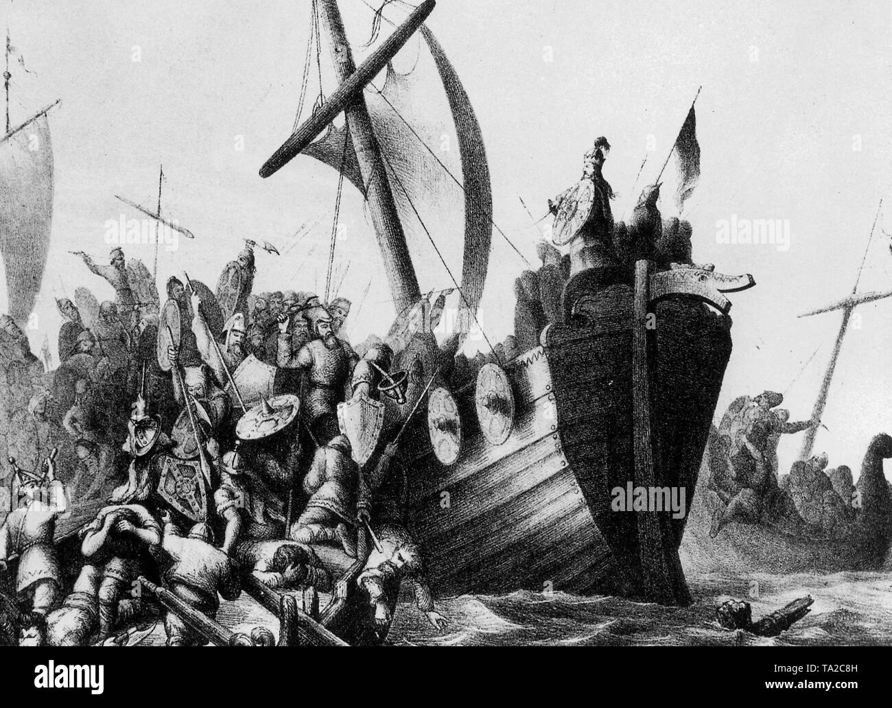 Une illustration de la peintre norvégien N. Bergslien à partir de la deuxième moitié du 19e siècle. Le roi porte un casque avec panache et une épée. Banque D'Images