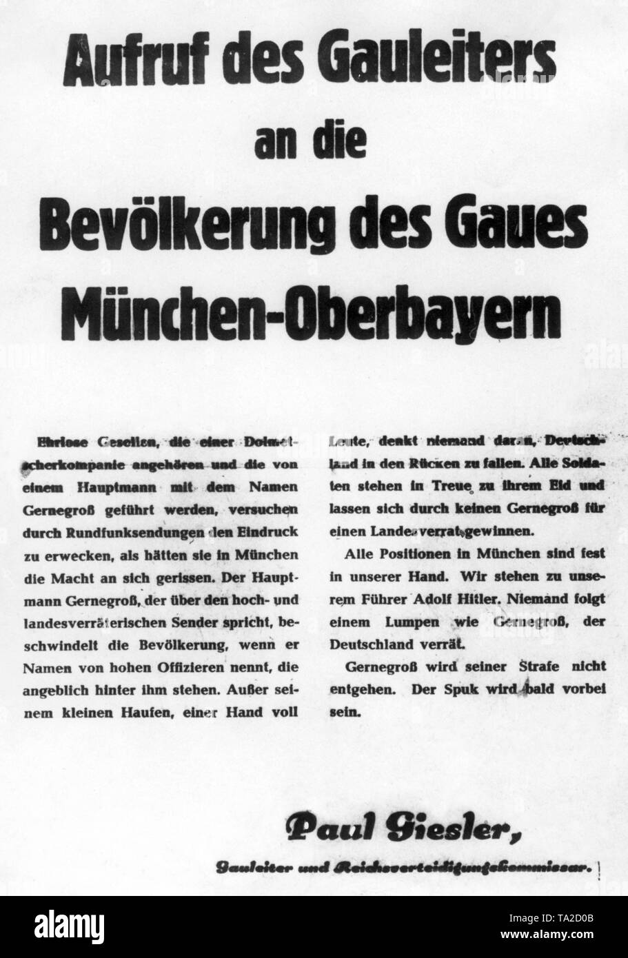 Gauleiter Paul Giesler appelle la population de Munich à demeurer fidèles à la Führer et de ne pas suivre la "Freiheitsaktion Bayern'( Liberté bavarois Initiative) et de son capitaine, Rupprecht Gerngross. L'appel a lieu après l'effondrement de la liberté d'initiative. Banque D'Images