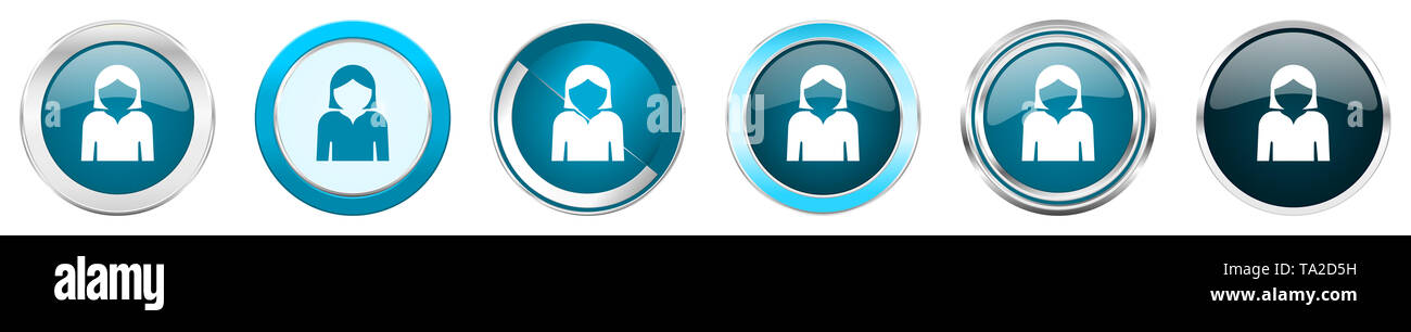 Avatar profil chrome argent métallique border icônes dans 6 options, ensemble de boutons rond bleu web isolé sur fond blanc Banque D'Images