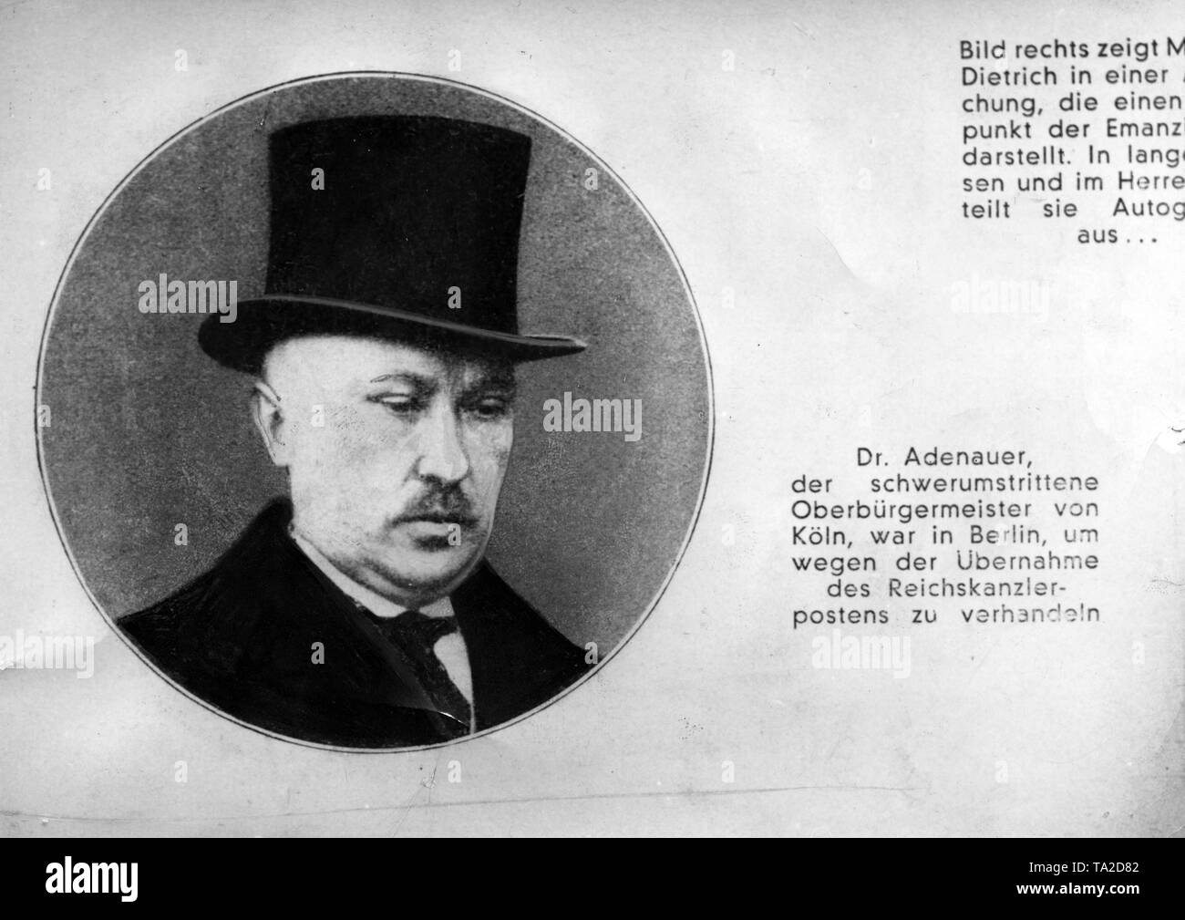 L'extrait a été publié sous la rubrique "Bilder vom Tage' sur les dernières pages de "Illustrierter Beobachter' (éditeur Franz Eher., 8e année, épisode 4) dans le dernier numéro du magazine Nazi avant le 'jour du coup d' '. Le texte de l'image dit : 'Dr. Adenauer, le controversé fortement maire de Cologne, était à Berlin pour négocier pour l'acquisition d'un poste de chancelier. ' Banque D'Images