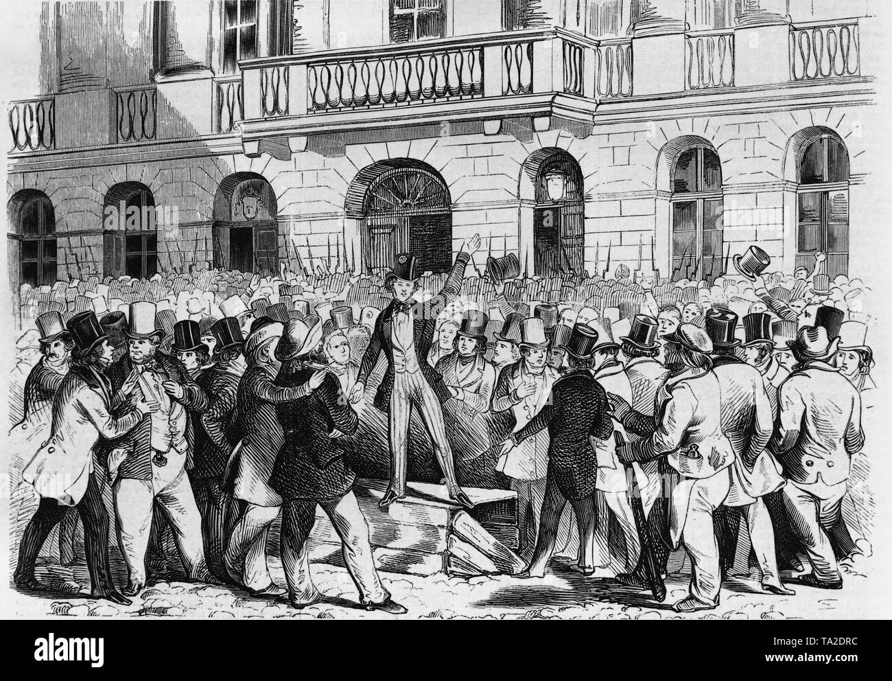 Illustration contemporaine d'un orateur de foule en face de l'alimentation de la Basse-Autriche (Ständehaus) à Vienne le 13 mars 1848. À cette date a commencé le manifestations et émeutes à Vienne. Banque D'Images