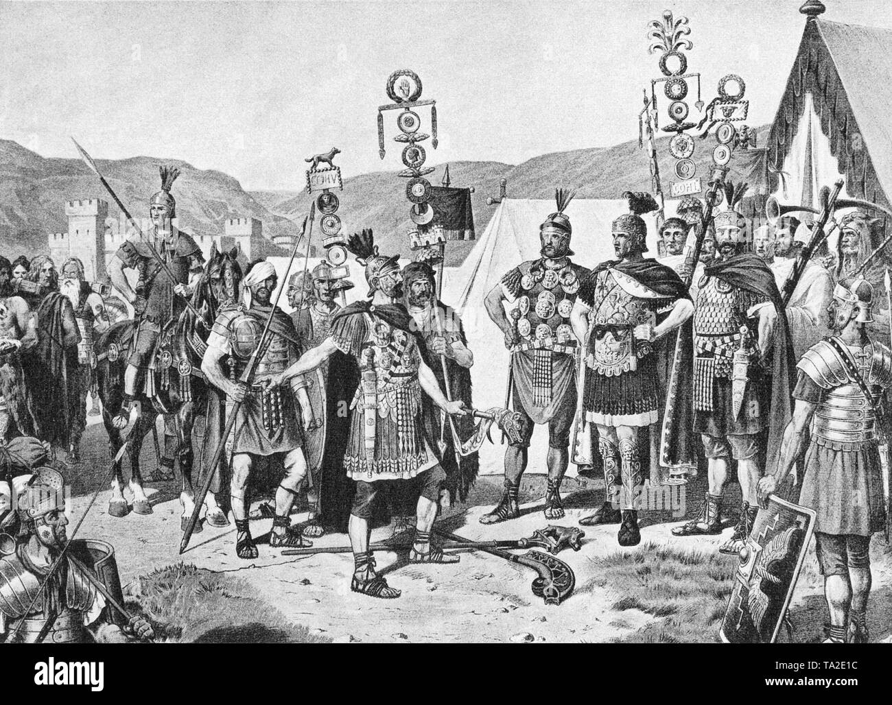 Les guerriers romains dans le camp. Banque D'Images