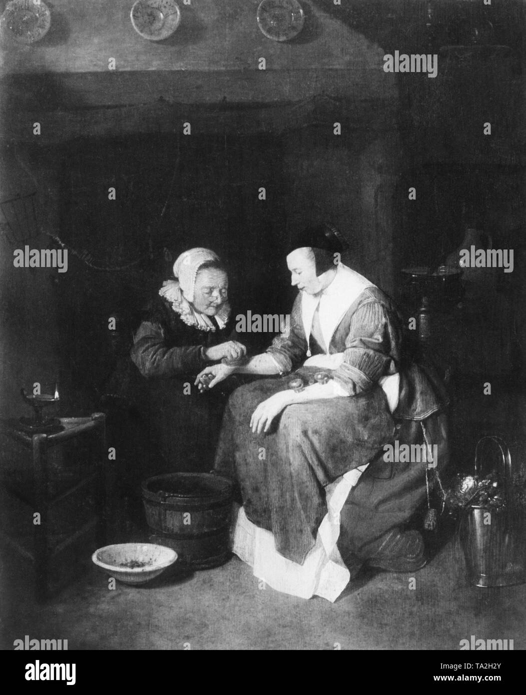 Une femme malade est traité avec ventouses. La peinture a été faite par le peintre néerlandais Quiringh van Brekelenkam. Photo non datée, vers 1650. Banque D'Images