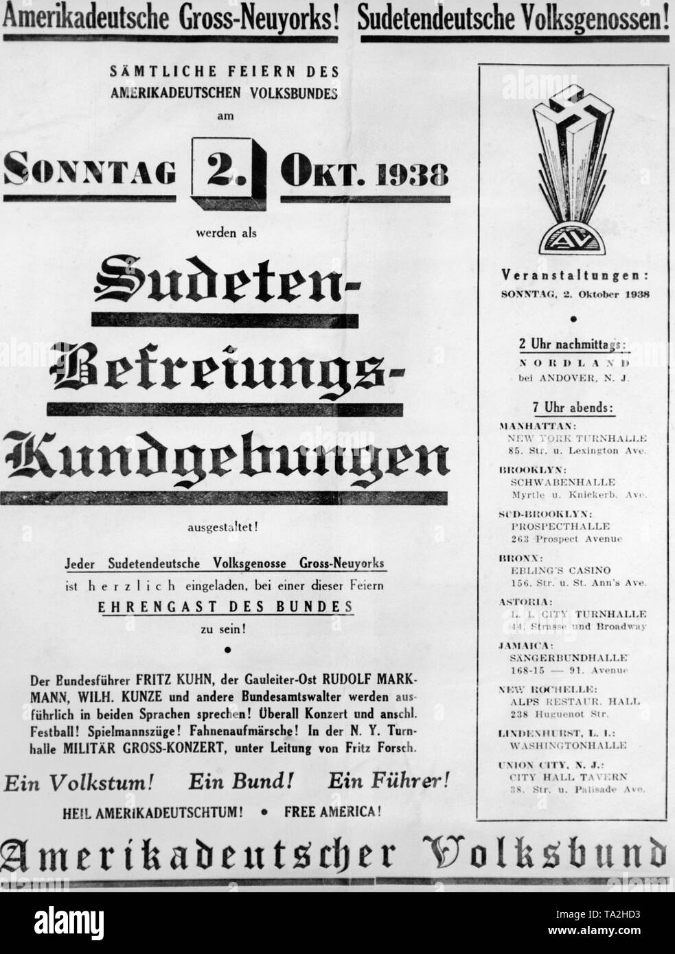 Publicité pour la libération de sudètes allemandes rassemblement du Bund germano-américain à New York. Dans la crise des Sudètes, Hitler a provoqué un conflit international à l'annexe les Sudètes au Reich allemand. Banque D'Images