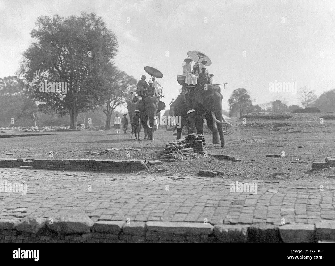 Duc Johann Albrecht (à gauche sur la deuxième) de l'éléphant et la duchesse Elisabeth de Mecklembourg (à droite sur le premier éléphant) lors de leur lune de miel à une excursion aux ruines de l'ancienne ville royale de siamoise Ayutthaya près de Bangkok. Banque D'Images