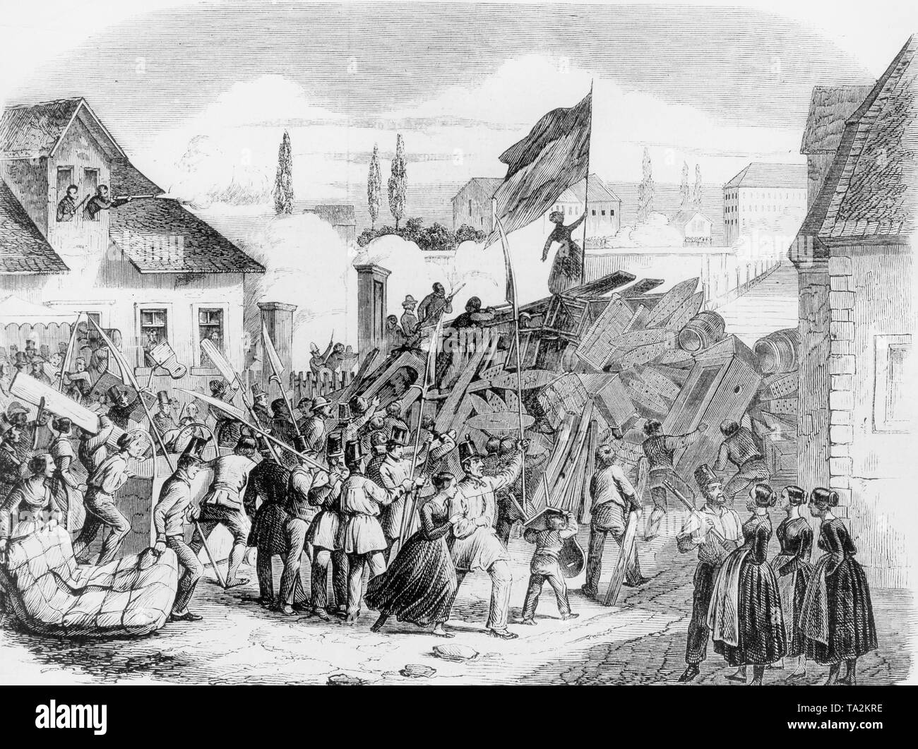 Révolution de 1848 à Mannheim le 26 avril. Pour prévenir l'établissement et la défense d'une barricade sur le pont sur le Rhin à Mannheim. Afin d'empêcher l'invasion de troupes bavaroises, partie du Rhin pont a été détruit Banque D'Images