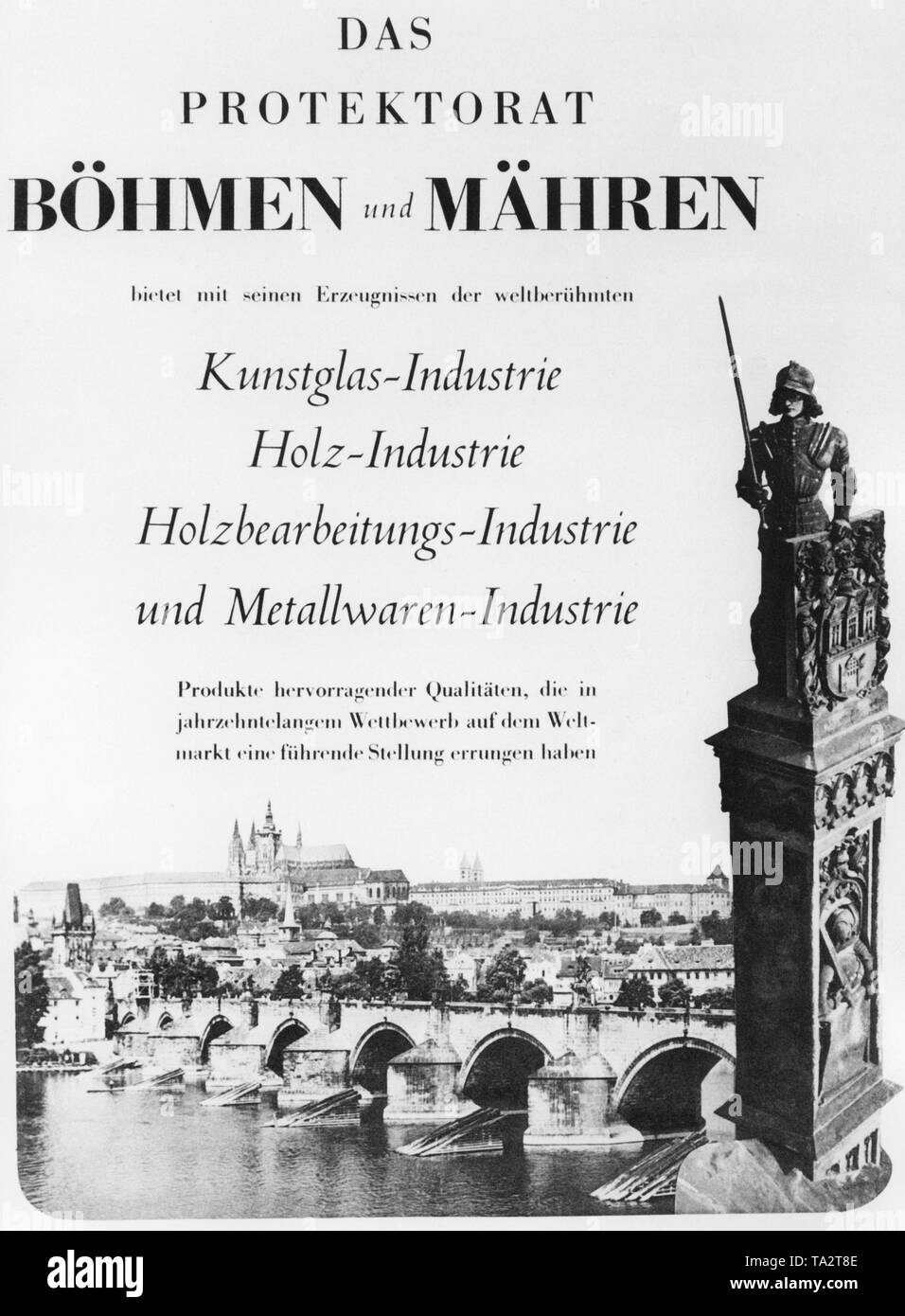 Publicité dans le magazine 'Signal' sur les produits réalisés dans le Protectorat de Bohême et Moravie. Entre autres choses, l'art du verre, produits en bois et en métal sont annoncés. Dans l'arrière-plan, une photo de Prague avec une vue sur le château de Prague. 'Signal' était un magazine de propagande nazie publié dans les pays européens. Banque D'Images