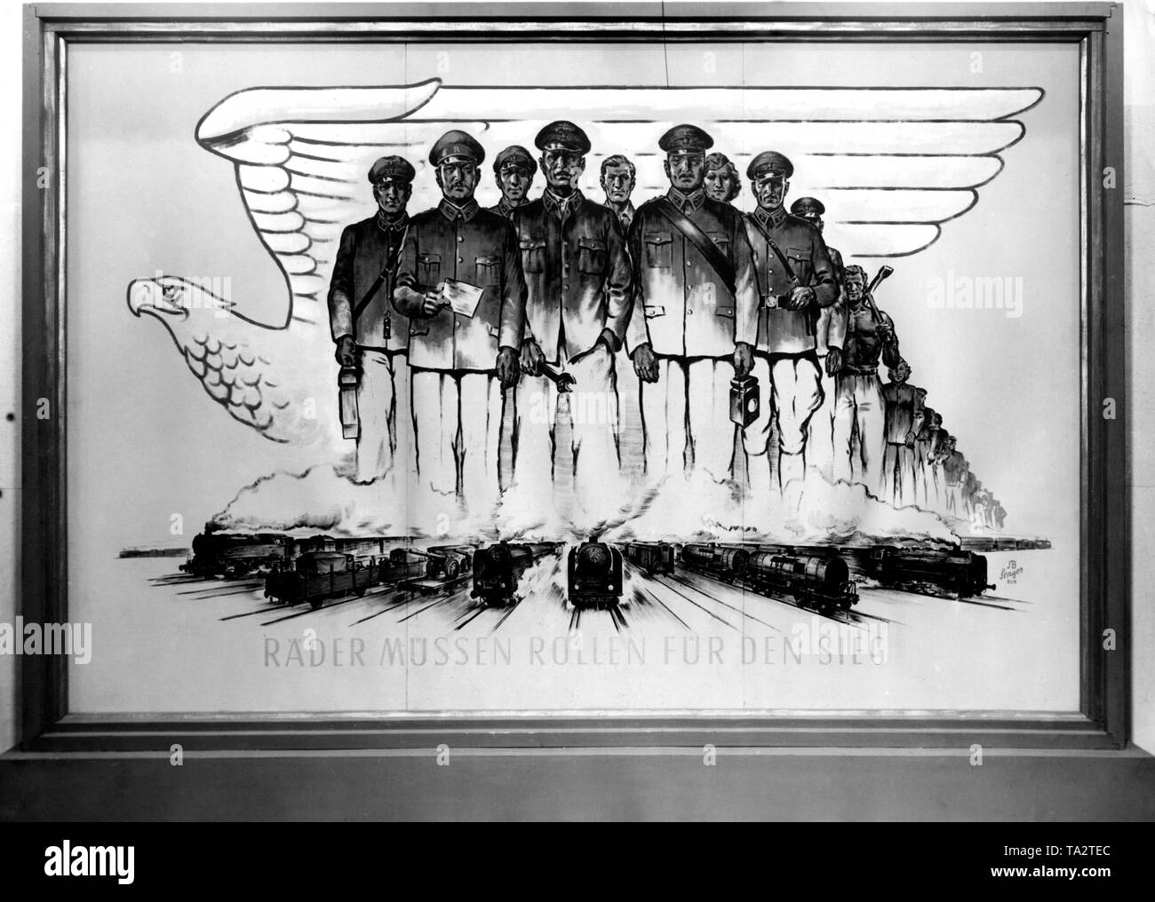 Advertisment Reichsbahn avec les conducteurs de trains de la première rangée. Derrière, divers groupes d'occupation en Allemagne et le slogan "roues doivent rouler pour la victoire'. Banque D'Images