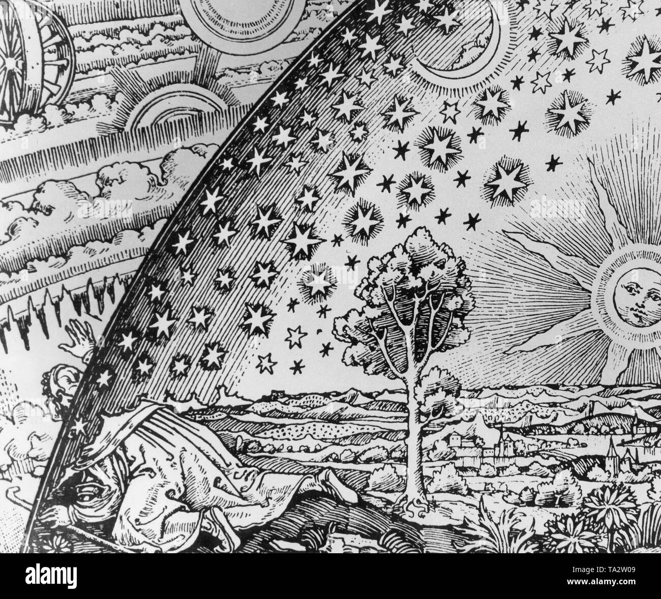 Représentation de l'homme médiéval qui reconnaît l'univers derrière les sphères célestes. Un chercheur du Moyen Âge affirme qu'il a trouvé le point où le ciel et la terre se rencontrent. La gravure sur bois par l'astronome français Camille Flammarion à partir de son livre 'L'Atmosphère Météorologie Populaire ', Paris, 1888, page 163 Banque D'Images