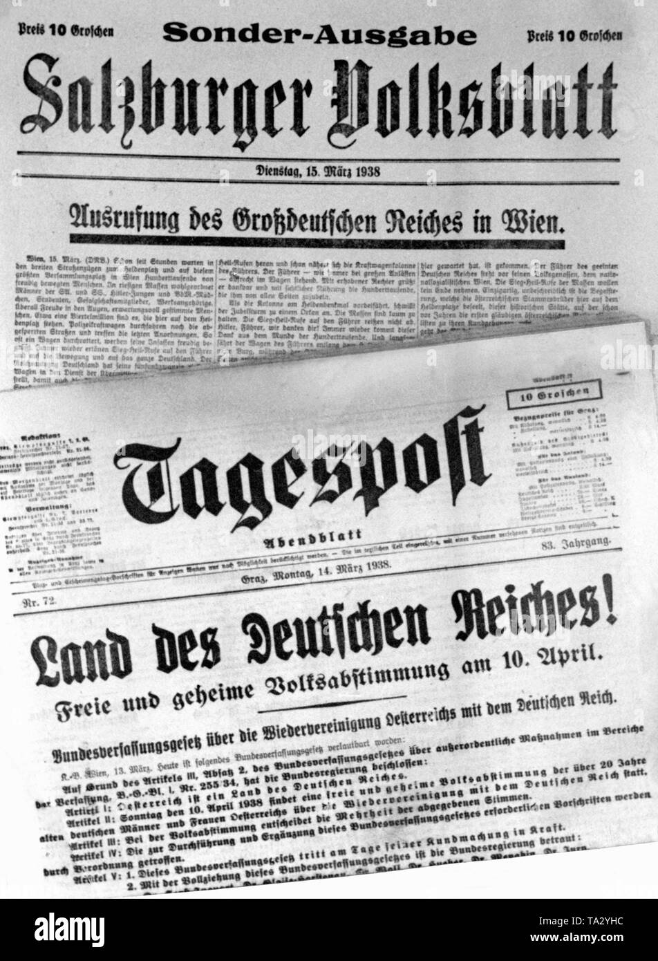 Le Salzburger Volksblatt Tagespost et le rapport sur l'annexion de l'Autriche à l'Empire allemand. Banque D'Images