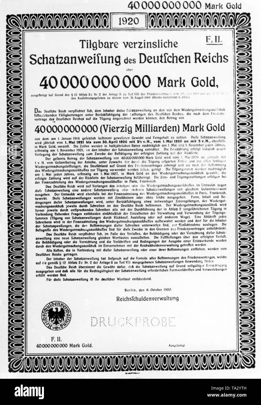 Cette loi du trésor portant intérêt de plus de 40 milliards de reichsmark or a été commandé par le gouvernement allemand pour payer le paiement des réparations en vertu du Traité de Versailles. Banque D'Images