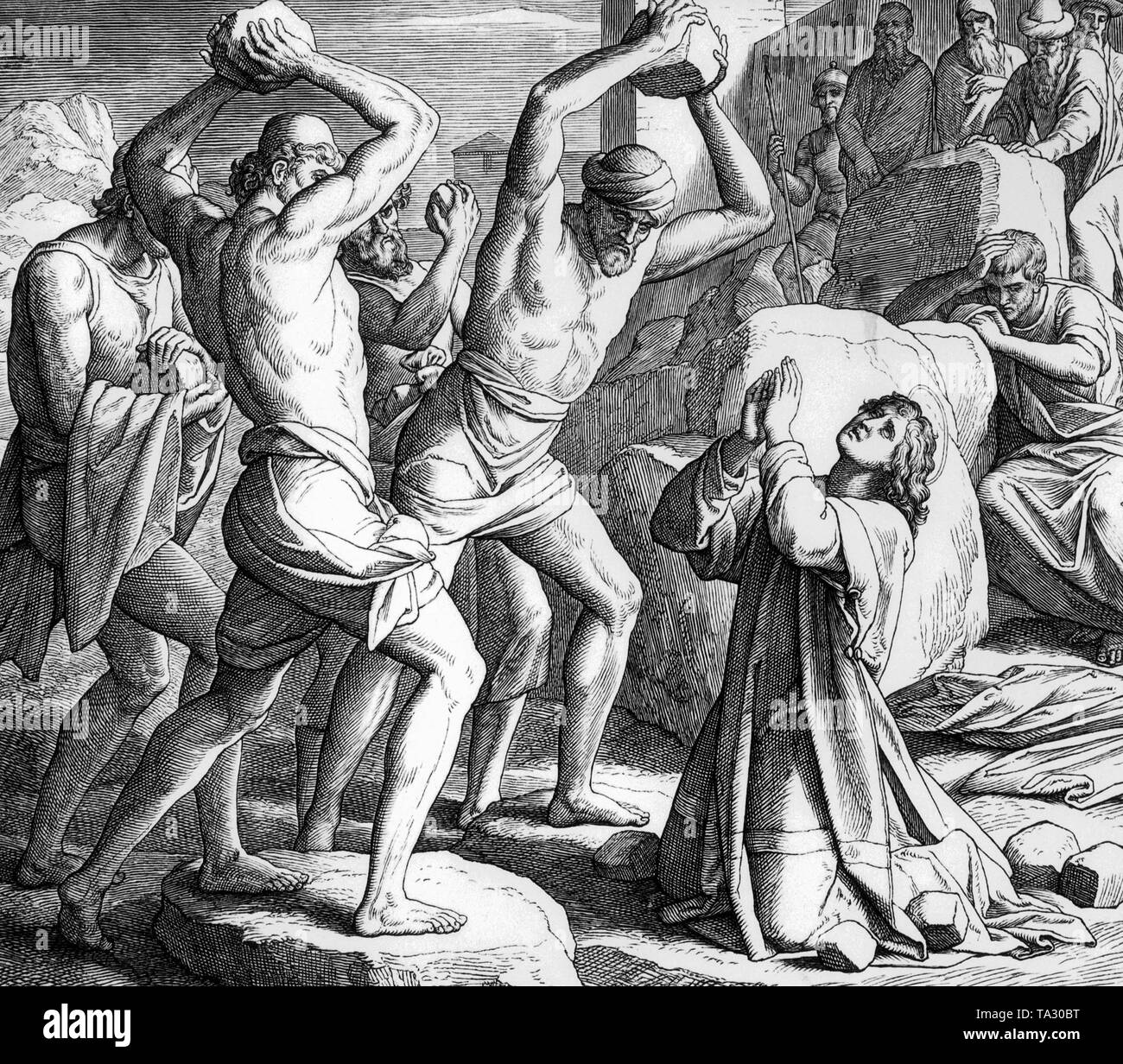 Illustration de la Bible : la lapidation de saint Etienne. Banque D'Images