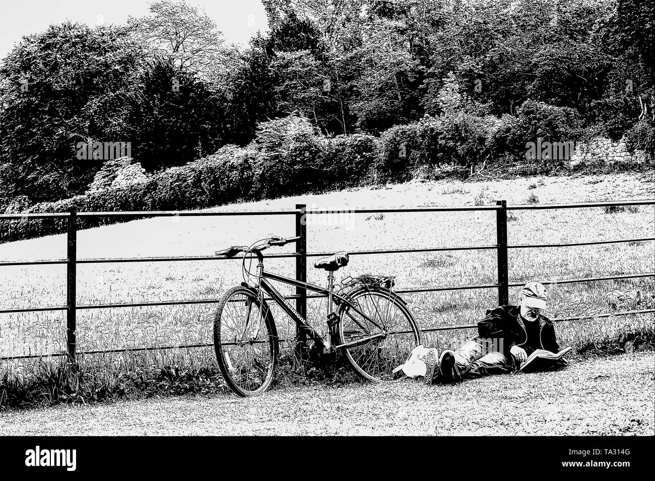 Un stylo et l'encre d'un cycliste homme couché dans l'herbe de lire un livre Pollok Country Park, Glasgow, Écosse, Royaume-Uni Banque D'Images