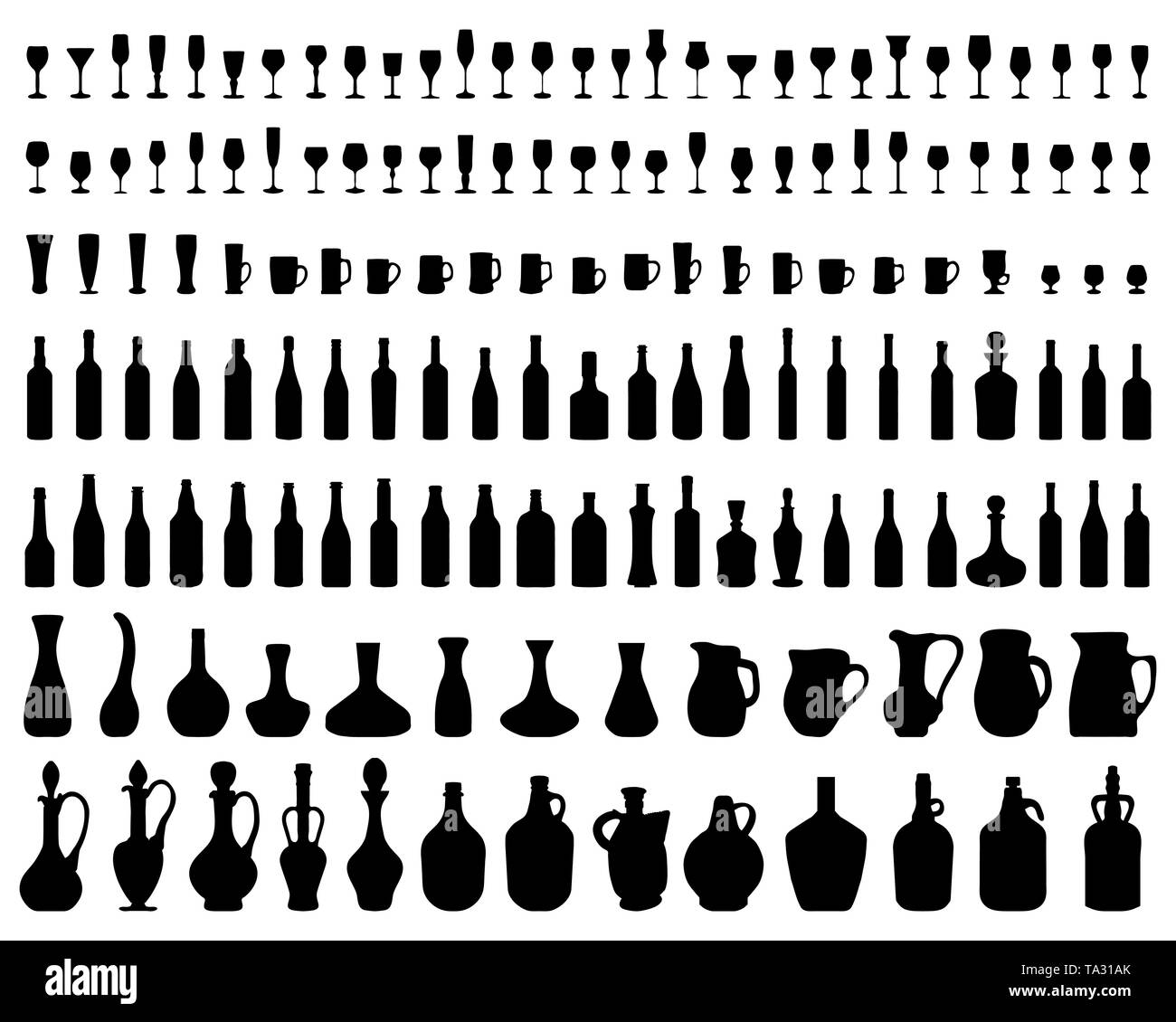 Silhouettes de bols, bouteilles et verres sur un fond blanc Banque D'Images