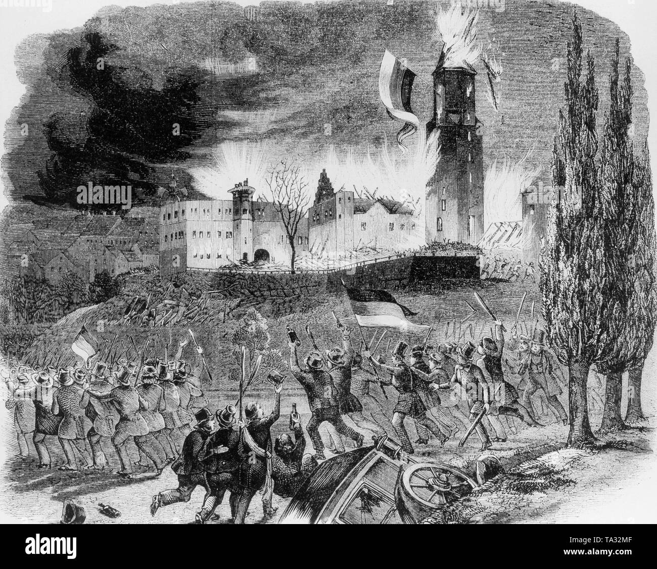 Révolution de 1848 à Waldenburg Château. Le 5 avril 1848, les révolutionnaires ont pris d'assaut le château de Laufen. Sous la direction d'un corps de volontaires de la Saxe et de la Bohème, le château fut pris d'assaut et pillé. Banque D'Images