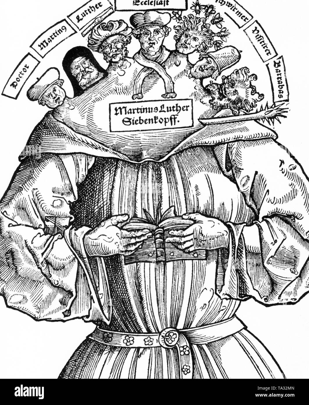 Une caricature de Martin Luther intitulée "Luther pour Siebenkopff' à partir d'un tract contre la réforme. C'était le titre du drame picutre 'Die sieben Koepfe Martin Luthers acht von hohen Sachen des christlichen Glaubens'. Banque D'Images