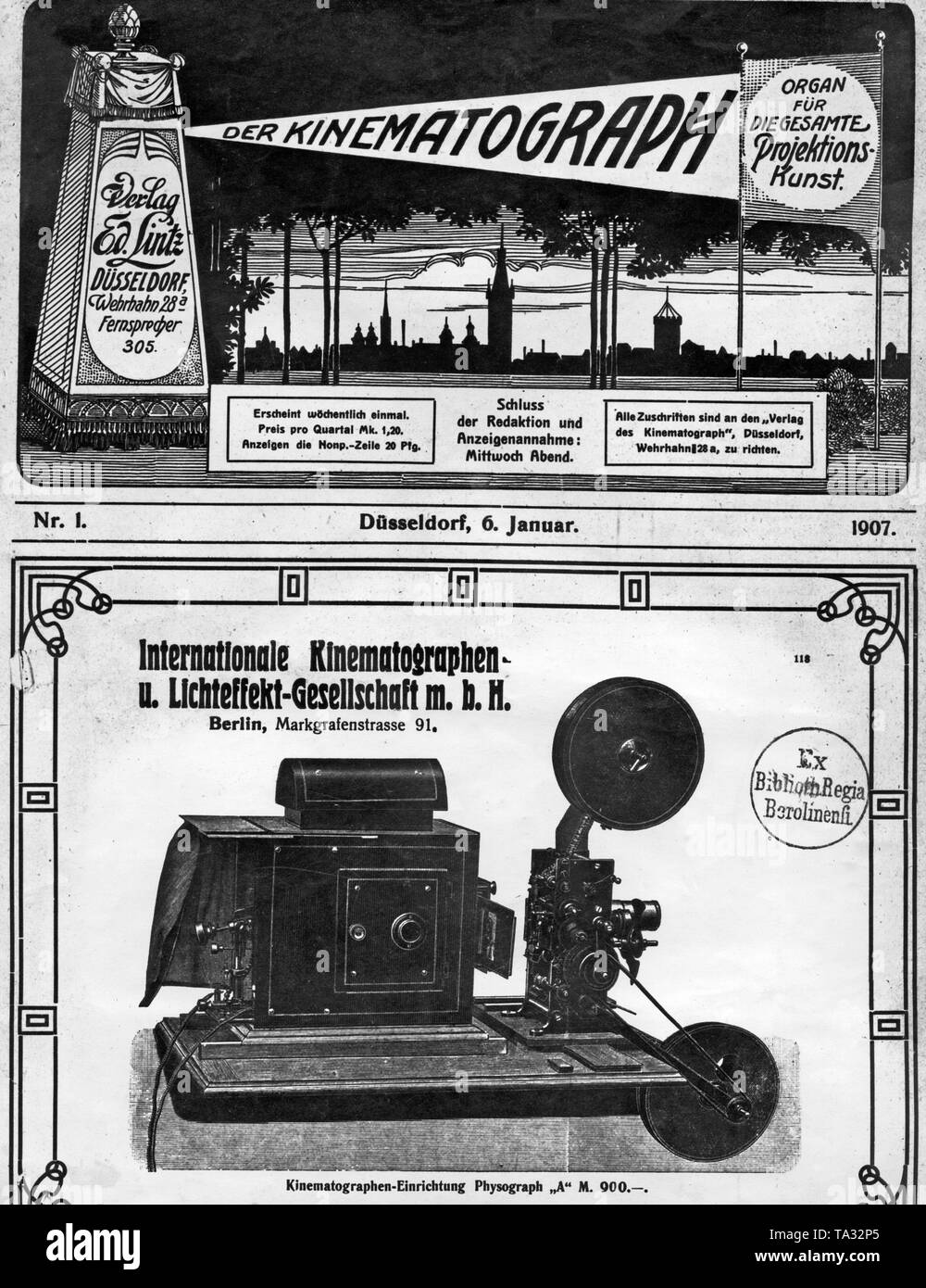 La page de titre du premier numéro de la revue 'premier film Kinematograph', qui a été publié par l'Eduard Linz Verlag à Düsseldorf jusqu'en 1923, et a ensuite été repris par August Scherl. Dans l'image de couverture, un de l'Internationale Kinematographen u. Lichteffekt-Gesellschaft m. b. H. Les cinématographes combinés l'utilisation de l'appareil photo, photocopieur et projecteur de film. Banque D'Images