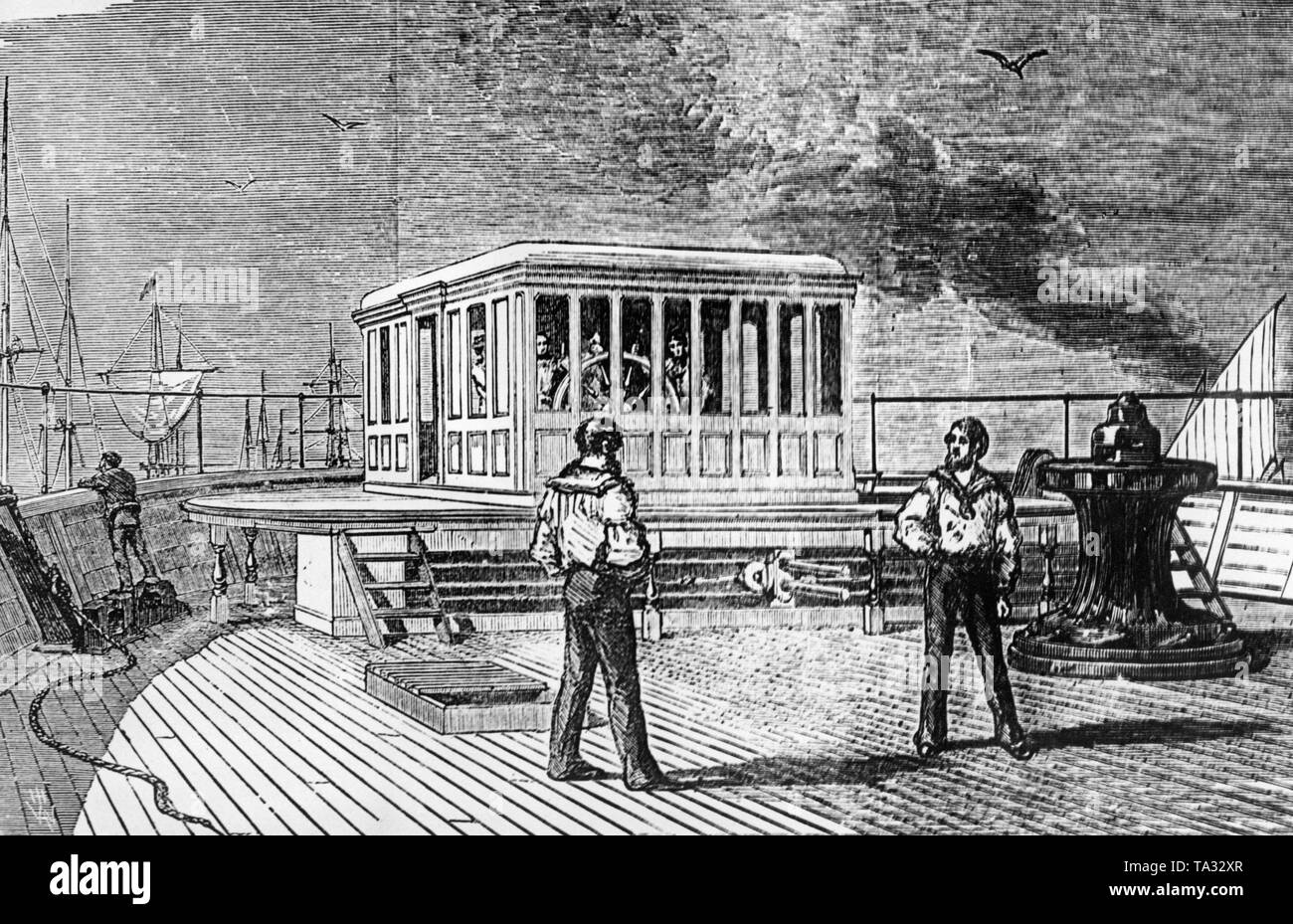 Deux marins à l'avant de la timonerie du "Grand Est". Au moment de sa construction du "Grand Est" a été le plus grand, les objets mobiliers et jusqu'en 1899 le plus grand navire du monde. Banque D'Images