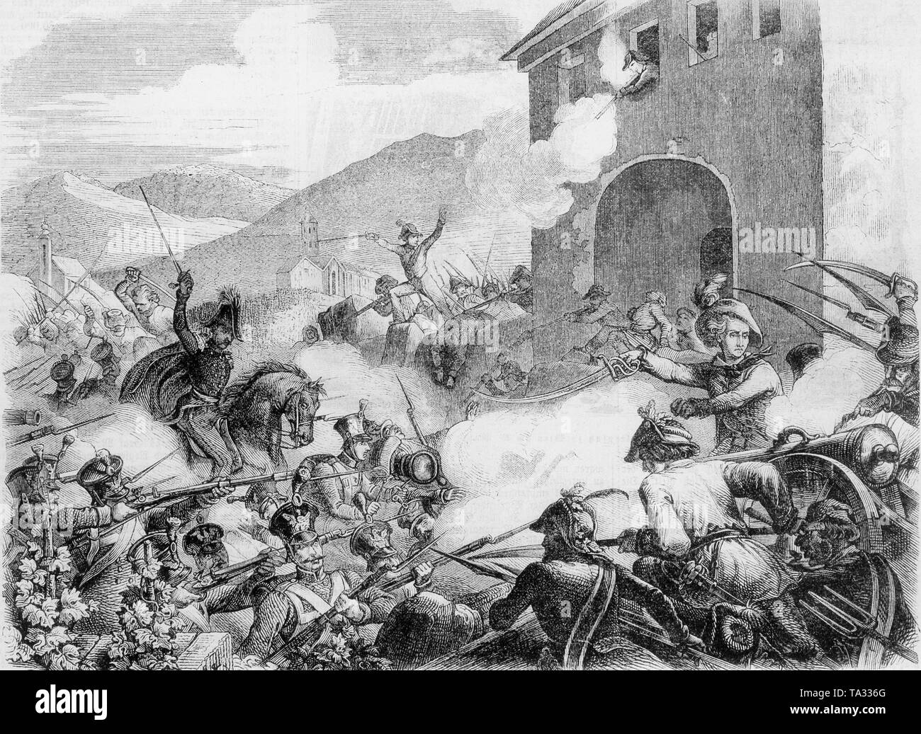 Révolution de 1848 à Freiburg. L'attaque des troupes fédérales sur le Predigertor de Fribourg le 24 avril 1848, Combattre avec les soi-disant irréguliers. Banque D'Images