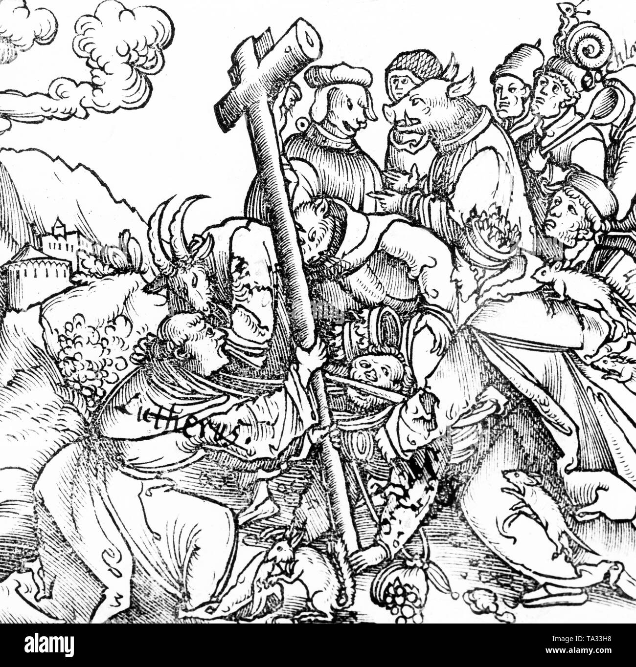 Martin Luther dirige la croix contre ses adversaires, qui sont représentés comme des animaux. Ce travail satirique d'un artiste anonyme est dirigée directement contre le pape. Banque D'Images
