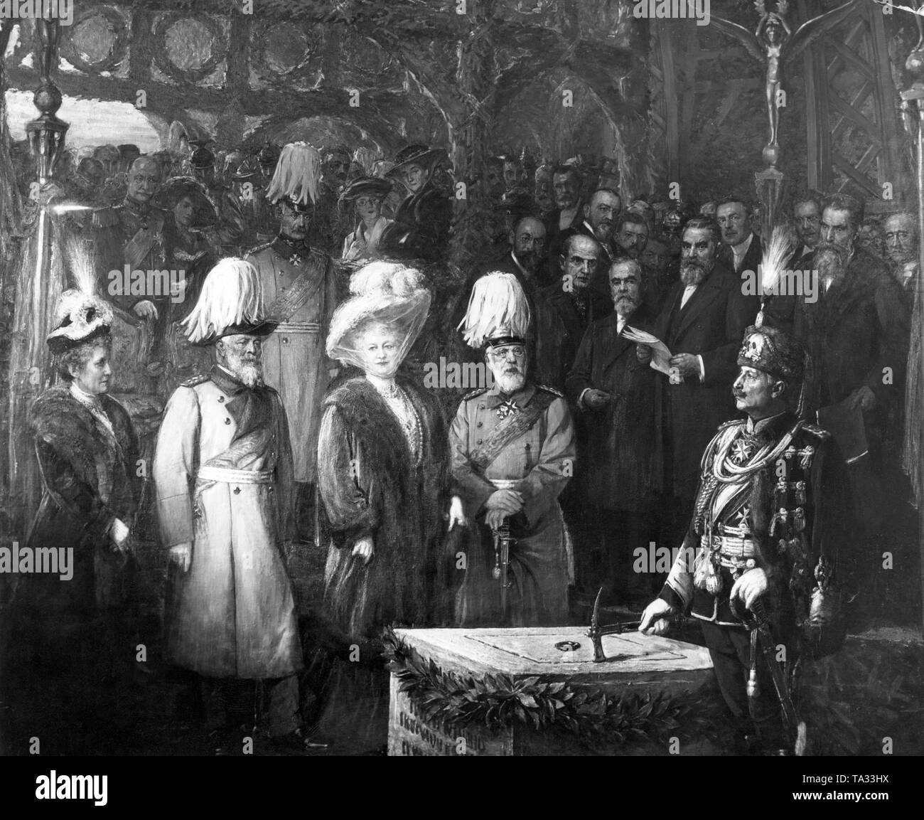 Détail de la peinture par Tryptiychon G Waltenberger, 1916. L'empereur Guillaume II (sur la droite de l'uniforme du 1er régiment de RSMUEL Leib n°1) poser la première pierre du Musée Allemand à Munich le 13 novembre 1906. À partir de la gauche : La Princesse Thérèse de Bavière, prince régent Luitpold de Bavière, impératrice Auguste Viktoria, le Prince Louis de Bavière. Visible derrière de gauche à droite : Comte de Moy, Prince Rupprecht de Bavière, ingénieur A. Schoenberg, rendez-vous.Conseil . W. von Dyck, maire von Borscht, rendez-vous.Conseil . C. von Linde, Directeur, A. Koch (Dt .museum), { .commissaire des travaux publics Banque D'Images